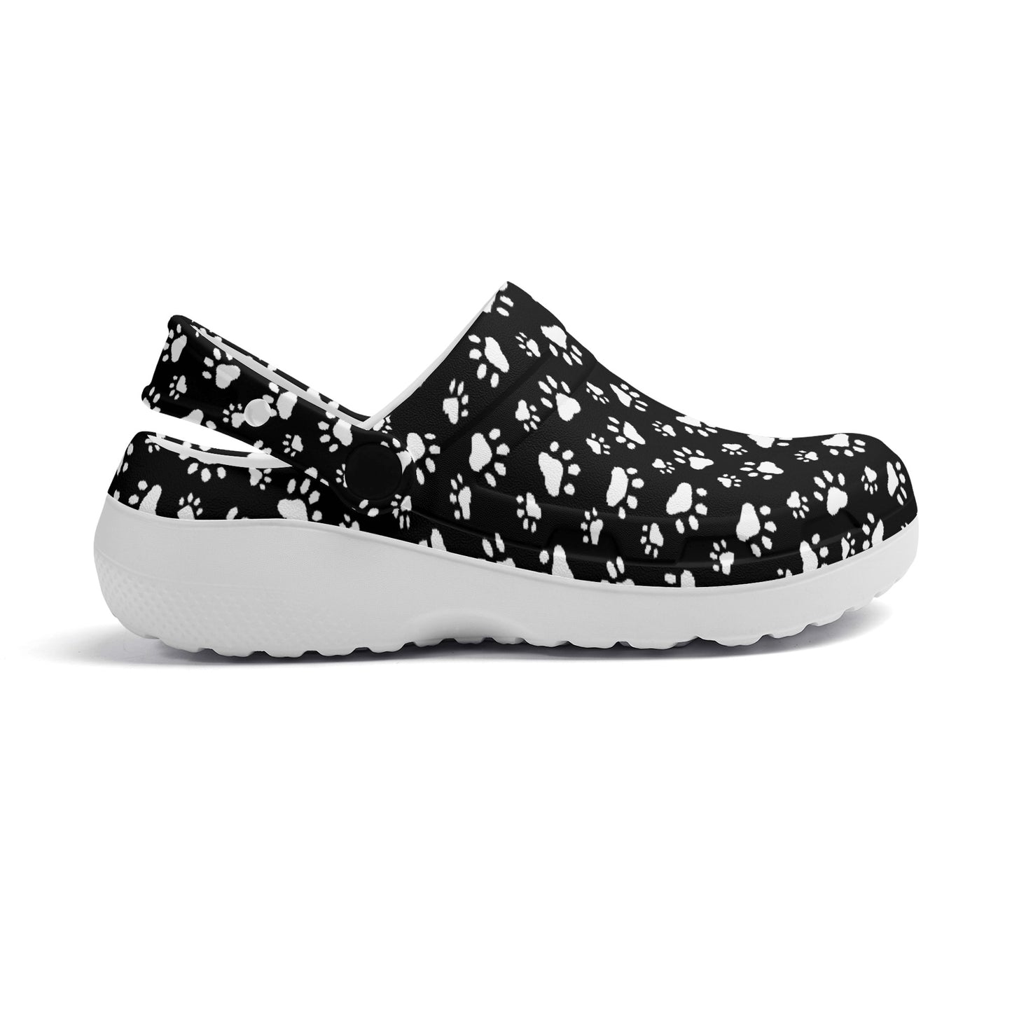 Animal Paw Print in White on Black Casual Lightweight Slip On Nurse Style Clogs