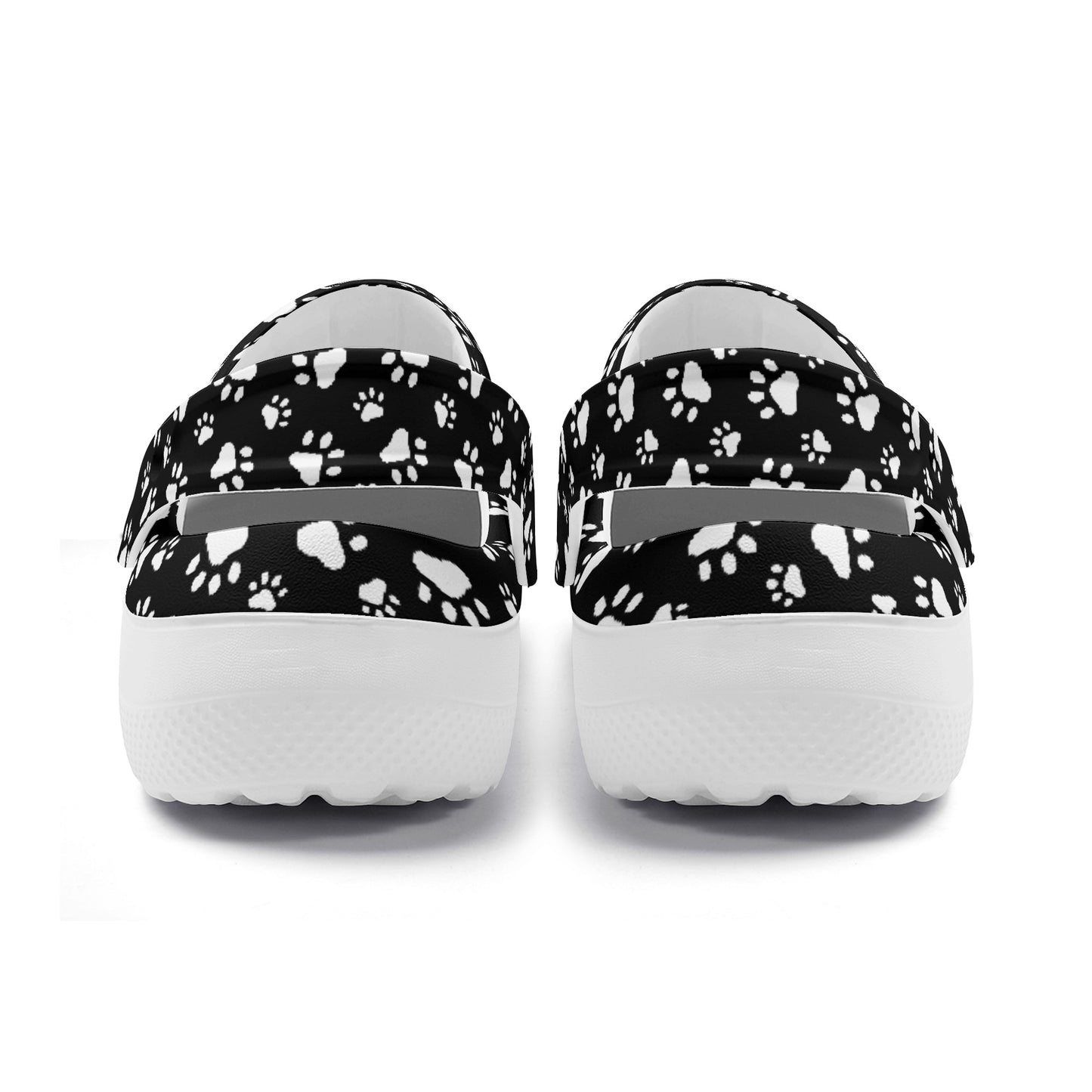 Animal Paw Print in White on Black Casual Lightweight Slip On Nurse Style Clogs