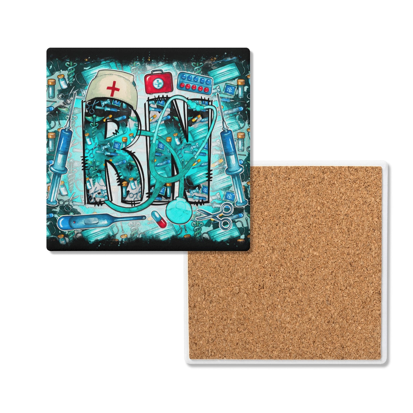 RN Nurse Life in Teal and Black Square Ceramic Coasters - Set of 4