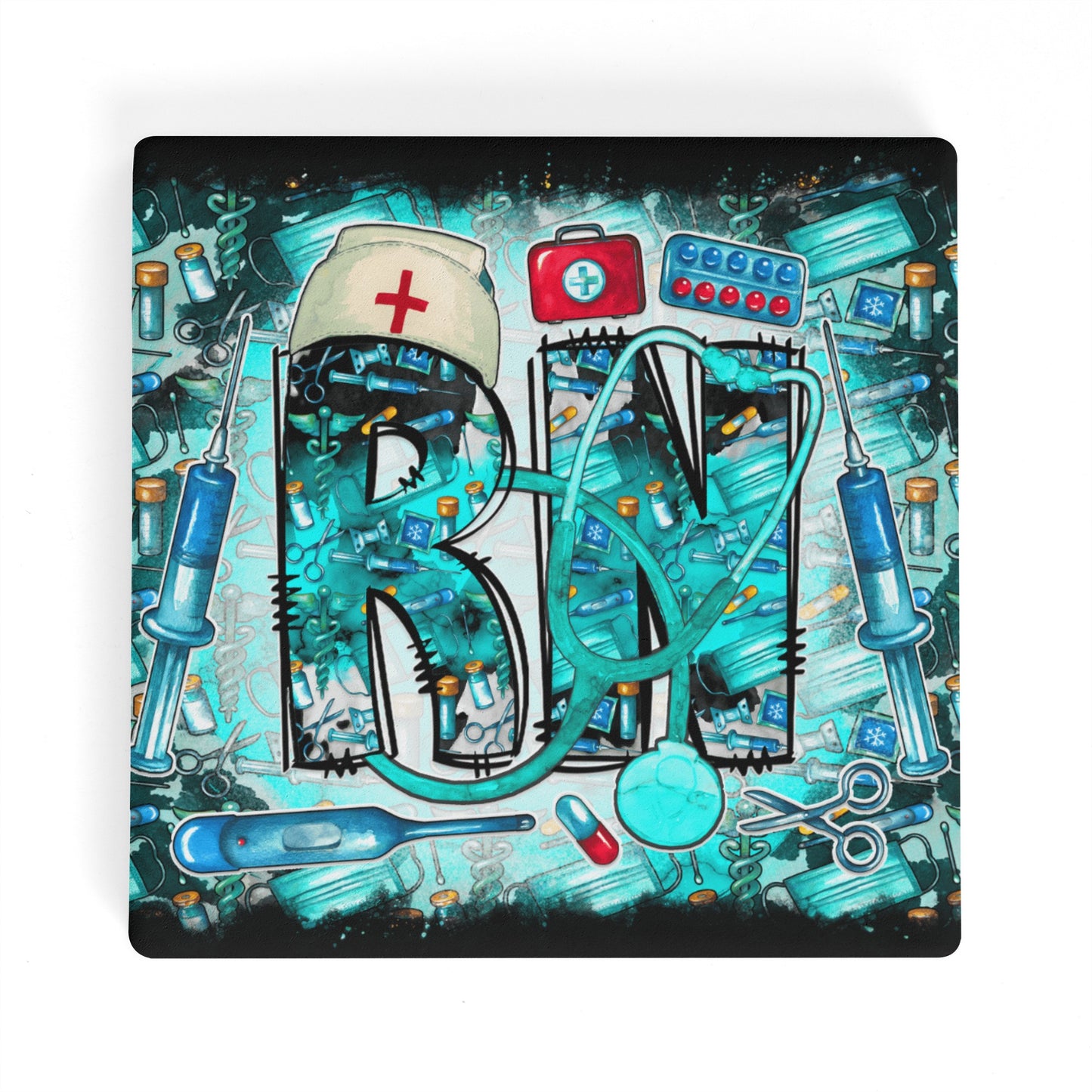 RN Nurse Life in Teal and Black Square Ceramic Coasters - Set of 4