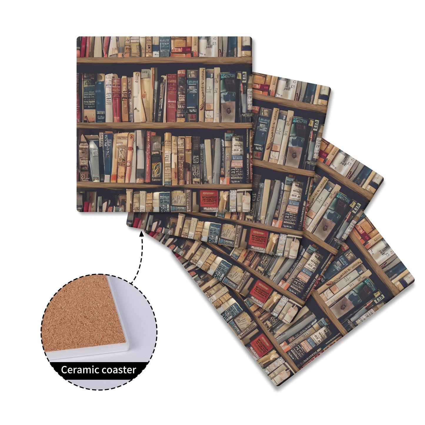 Book Lover Rows of Books Square Ceramic Coasters - Set of 4