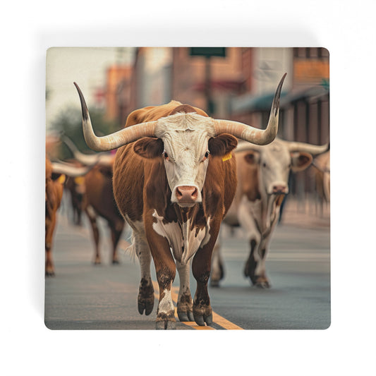 Lone Star Stride: Texas Longhorn Walking Through the Stockyards Ceramic Coasters - Set of 4