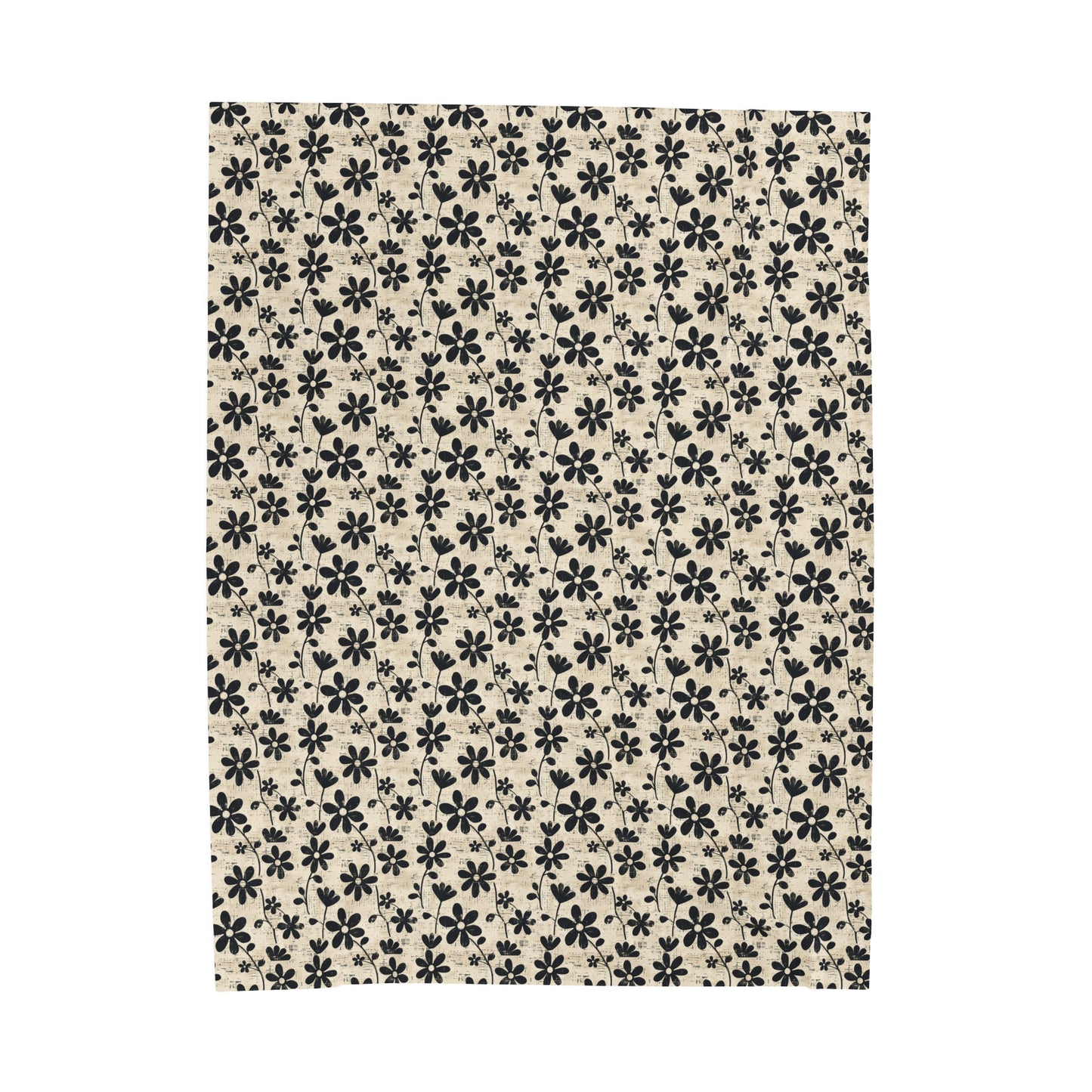 Distressed Black Floral on Beige Background Velveteen Plush Blanket 3 Sizes