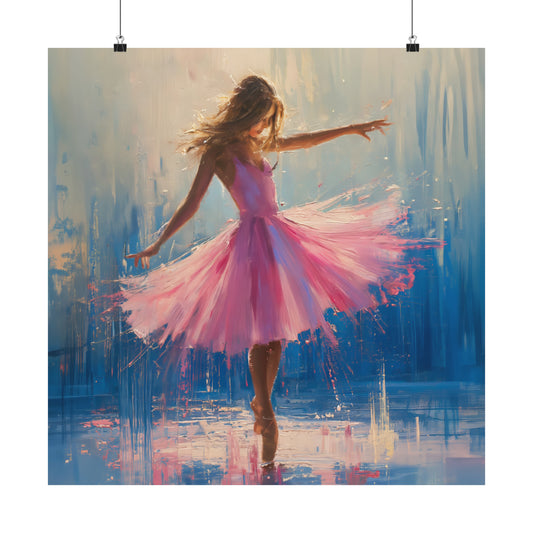 Gentle Grace: Ballerina in Delicate Pink Dress Dancing in the Sunlight Print on Matte Poster - 11 Sizes