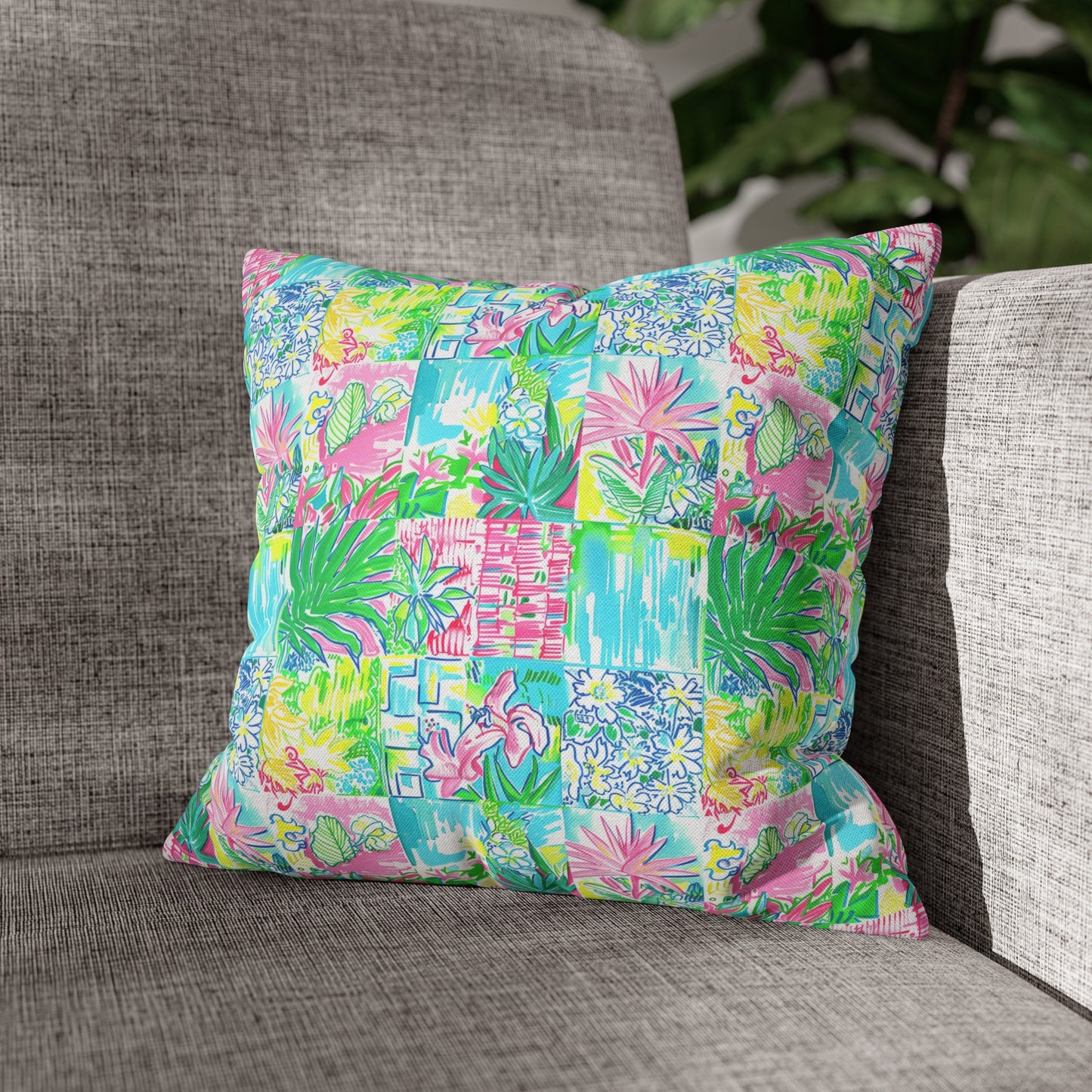 Whimsical Palm Trees and Flowers in Vibrant Pink, Teal, and Green Collage Spun Polyester Square Pillowcase 4 Sizes