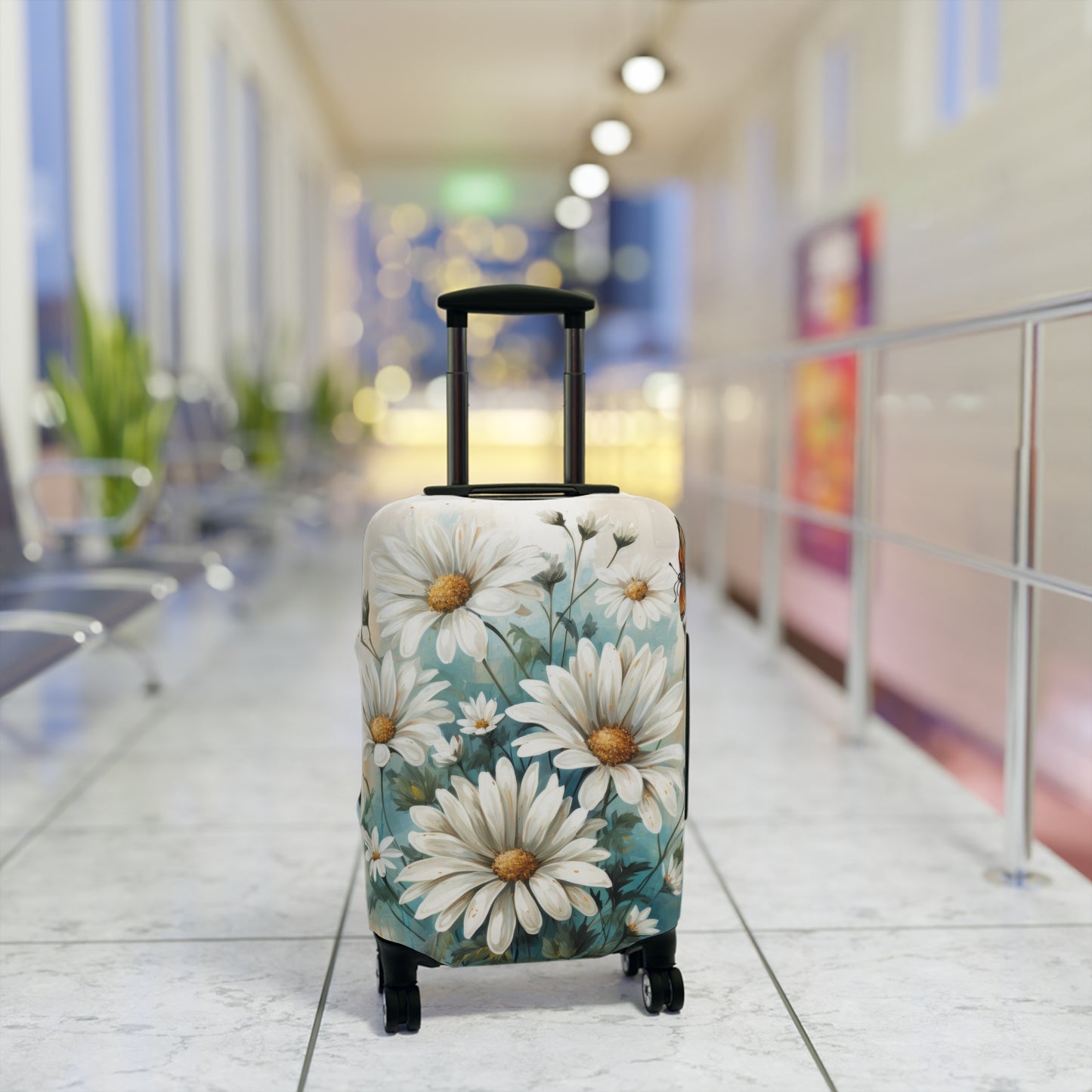 Rustic Farmhouse Teal and White Wild Daisies and Butterflies  - Luggage Protector and Cover 3 Sizes