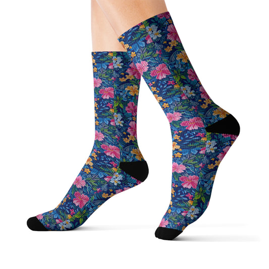 Tropical Sunrise Bloom: Pink Watercolor Flowers with Yellow and Blue Accents Ribbed Crew Socks