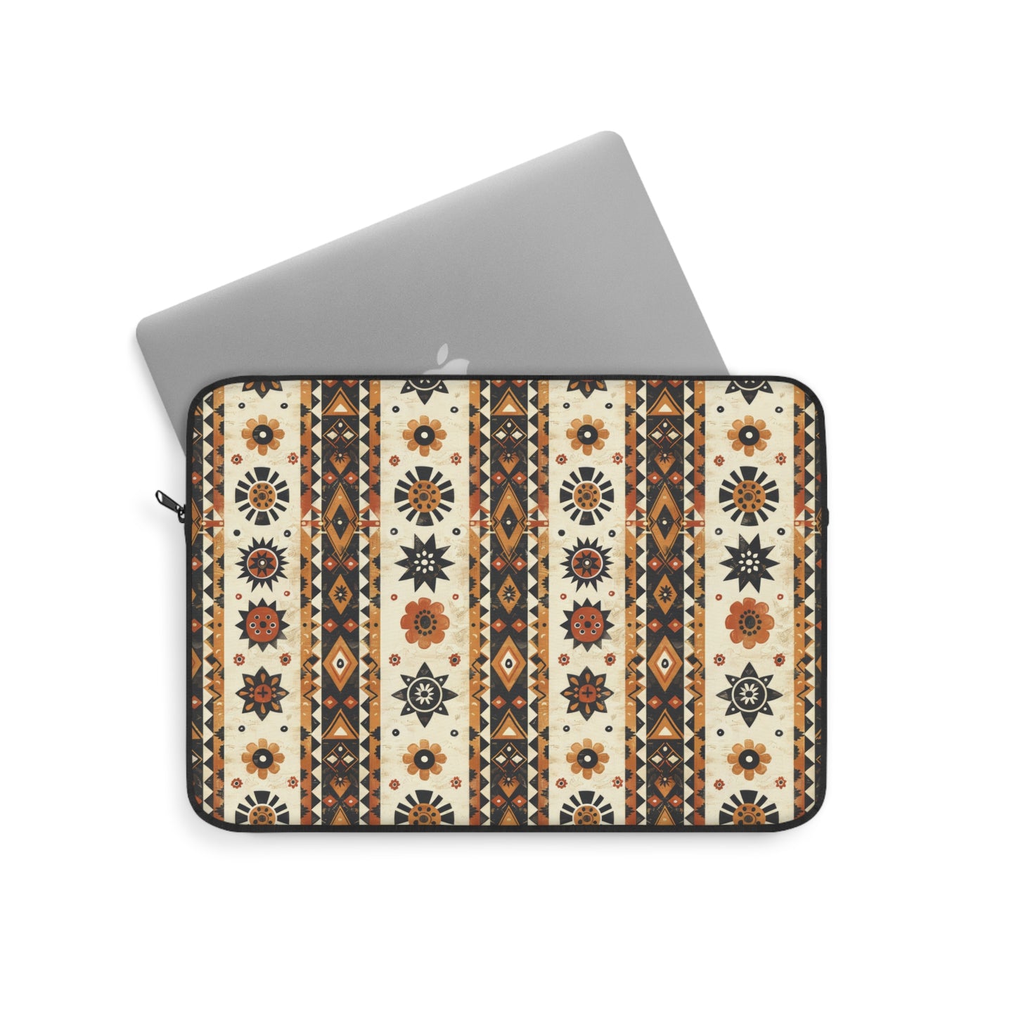 Bohemian Intricate Geometric and Floral Folk Design in Burnt Orange, Deep Brown, and Creamy Beige Laptop or Ipad Protective Sleeve 3 Sizes Available