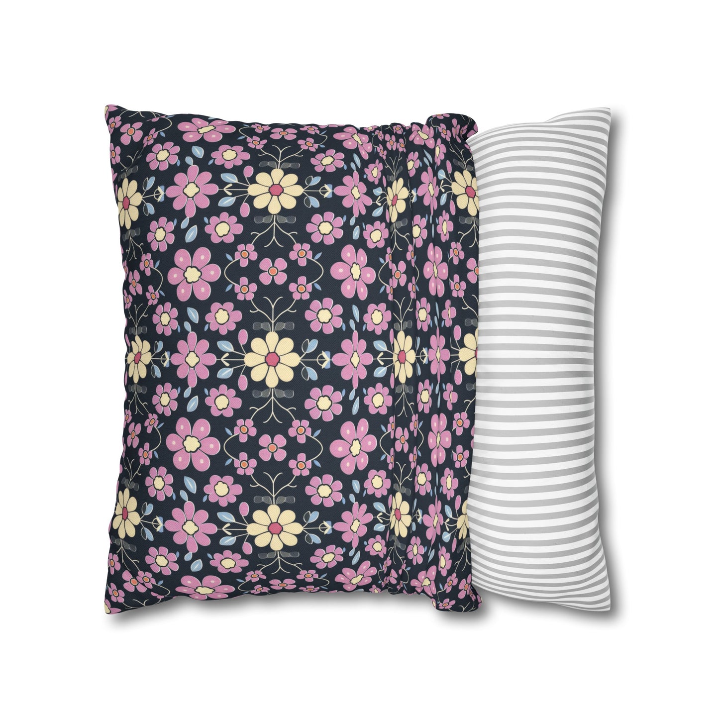 Charming Pastel Pink and Yellow Flowers on Navy Blue Background Spun Polyester Square Pillowcase 4 Sizes