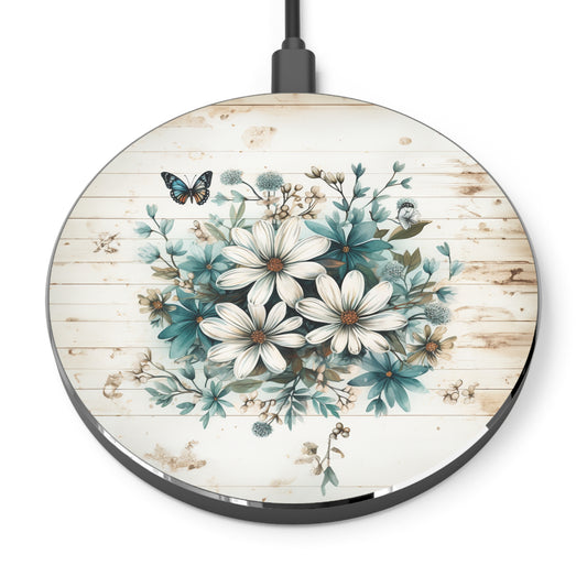 Rustic Charm Bouquet featuring Teal Accents White Wild Daisies with Butterflies Wireless Cell Phone 10W Charger