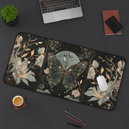 Golden Nocturne Art Nouveau Butterfly and Moonlit Floral Extended Gaming Mouse Pad  Desk Mat  - 3 Sizes