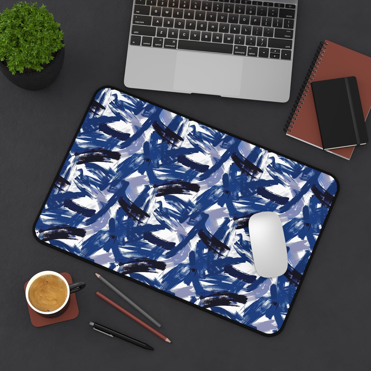 Midnight Frenzy Bold Abstract Brush Strokes in Shades of Deep Blue and White Gaming Mouse Pad  Desk Mat  - 3 Sizes