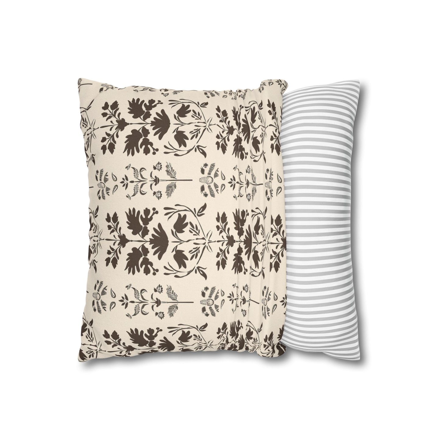 Early American Stencil-Inspired Beige and Brown Floral Pattern Spun Polyester Square Pillowcase 4 Sizes