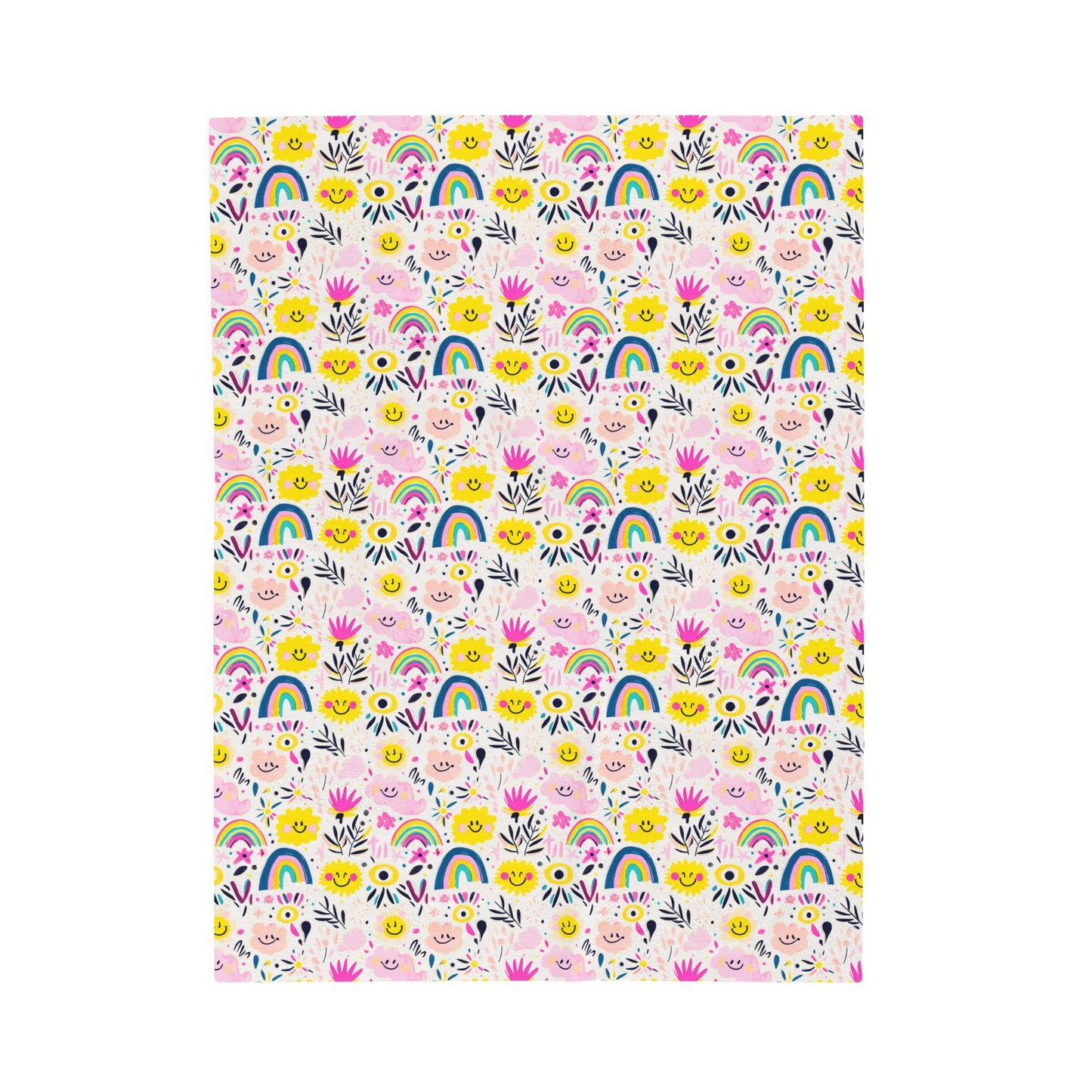 Retro Joy of Whimsical Smiling Flowers, Rainbows, and Playful Patterns Velveteen Plush Blanket 3 Sizes