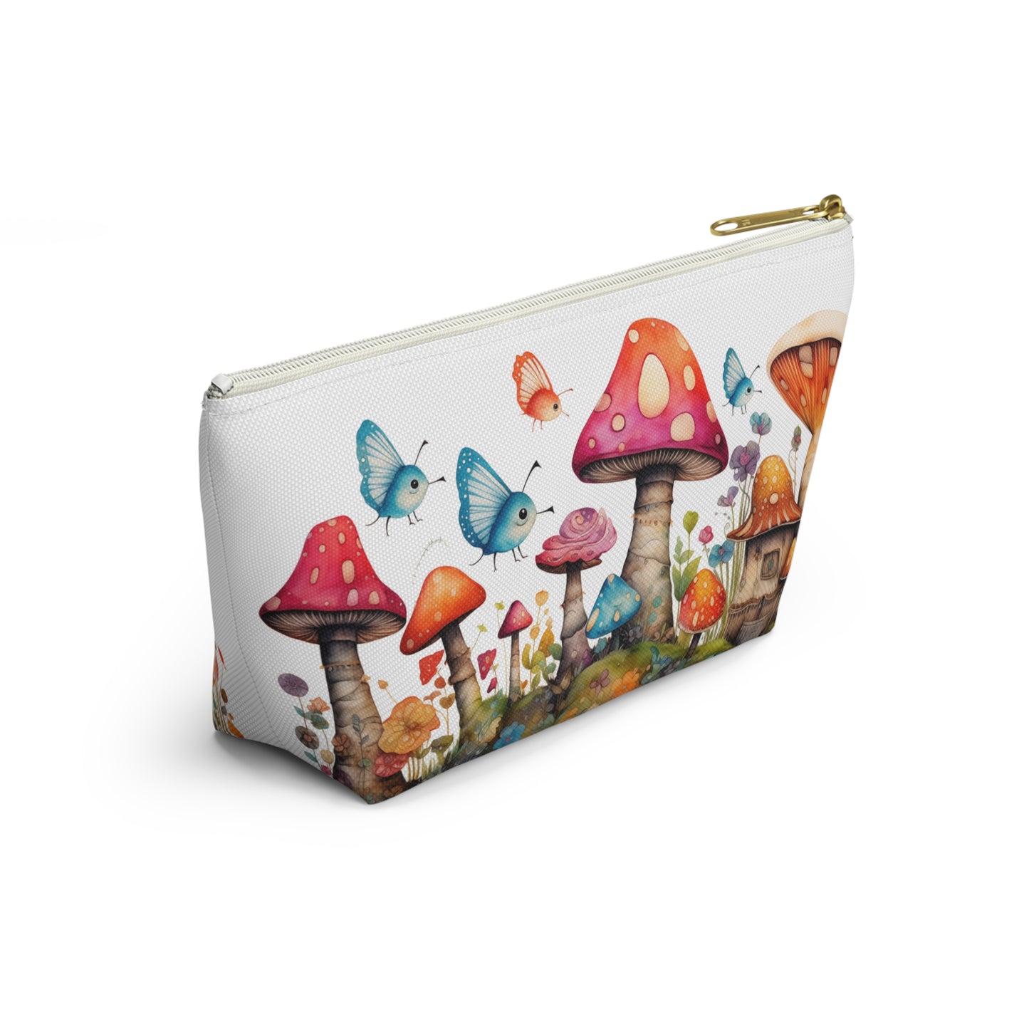 Enchanting Mushroom Cottage Adorned with Butterflies and Toadstools - Makeup & Accessory Bag 2 Sizes