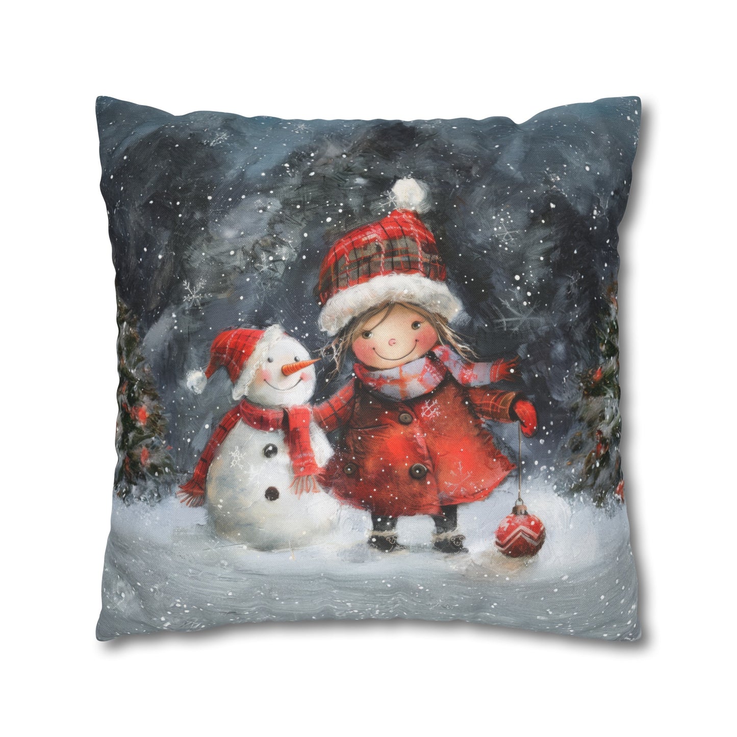 Frosty Friends: Little Girl Standing with Snowman on a Snowy Night Spun Polyester Square Pillowcase 4 Sizes