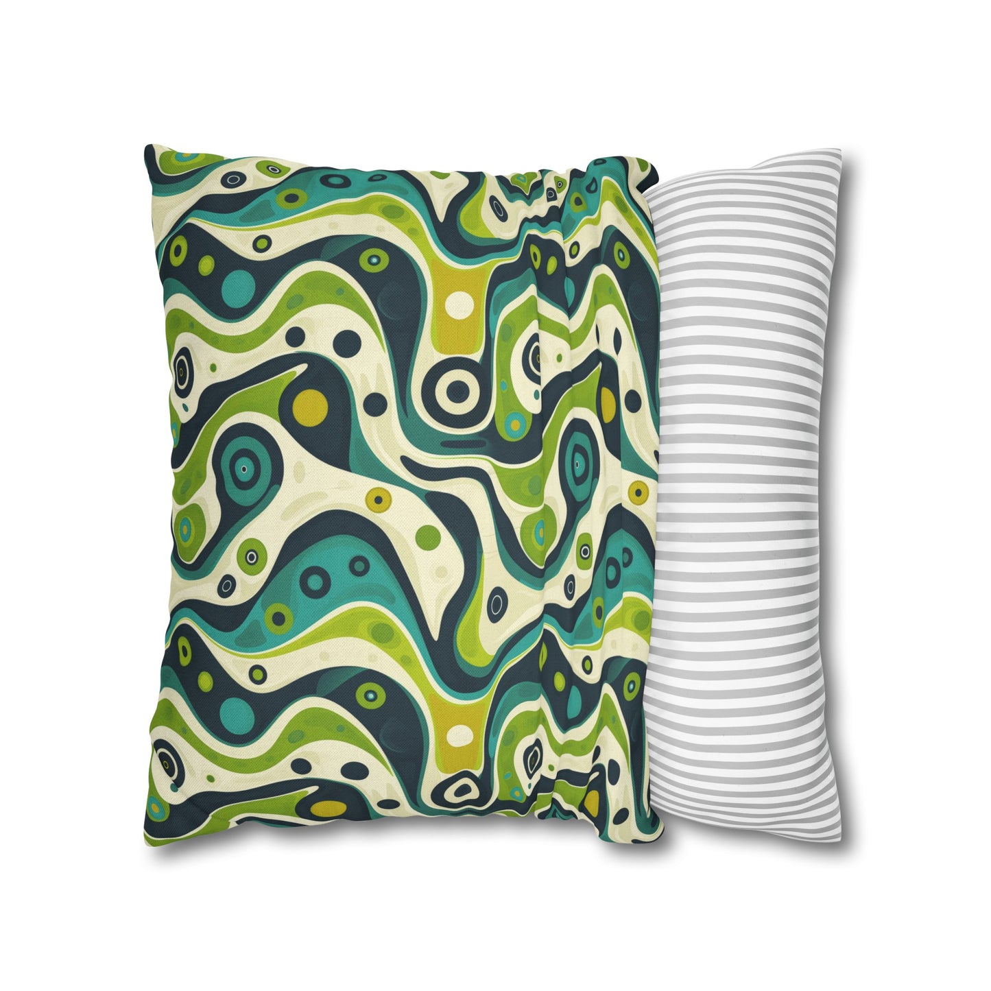 Groovy Retro Greens and Blues Abstract Waves Spun Polyester Square Pillowcase 4 Sizes