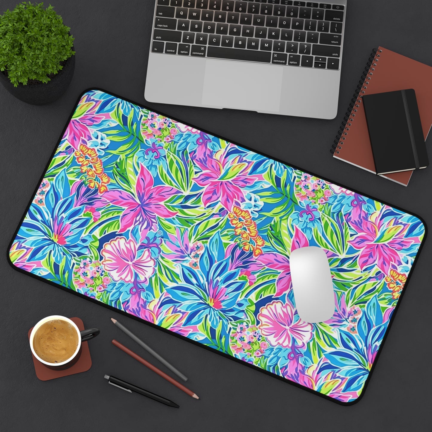 Summer Harmony: Pink and Blue Blooms with Lush Green Leaves  Desk Mat Extended Gaming Mouse Pad - 3 Sizes