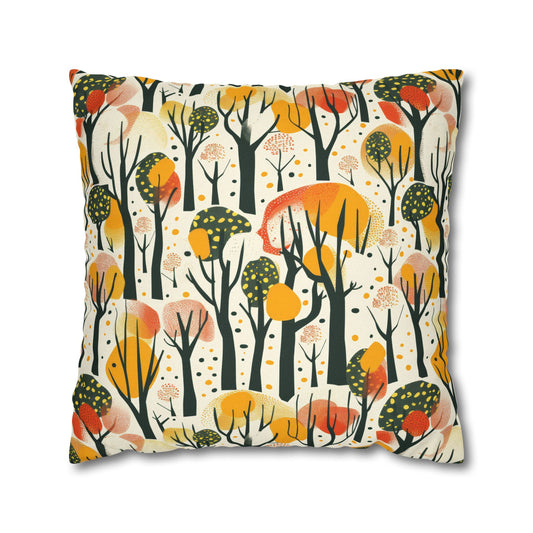 Enchanted Forest of Yellow and Orange Trees on a Speckled Cream Background Polyester Square Pillowcase 4 Sizes