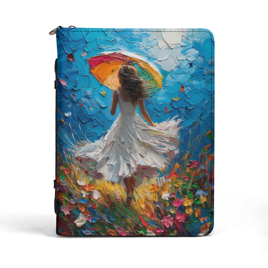 Spring Storm with Women Dancing in Field of Vibrant Spring Flowers Print PU Leather Book or Bible Cover With Pocket - 4 Sizes