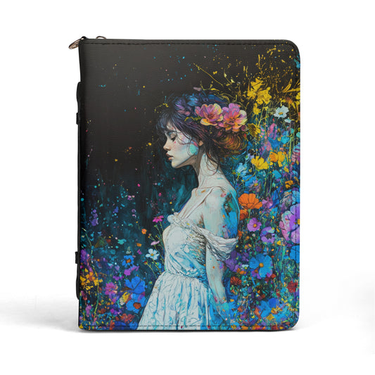 Young Girl in White Dress Amidst a Garden of Floral Blooms Print PU Leather Book or Bible Cover With Pocket - 4 Sizes