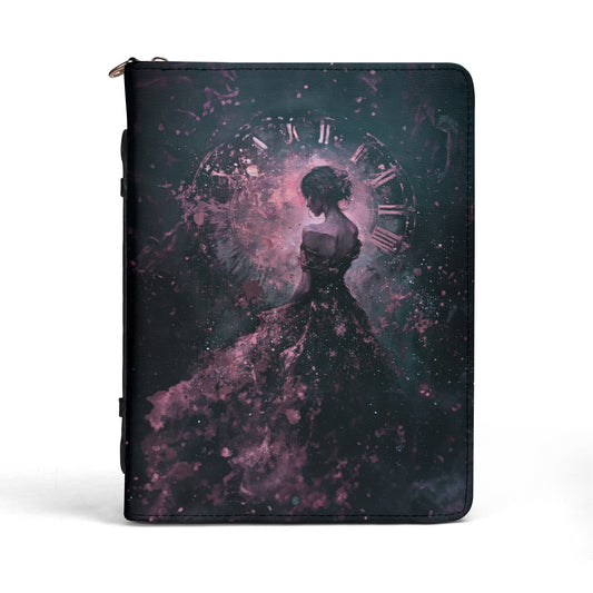 A Moment in Time Woman in Pink and Black Dress with Abstract Clock Print PU Leather Bible Cover With Pocket - 4 Sizes