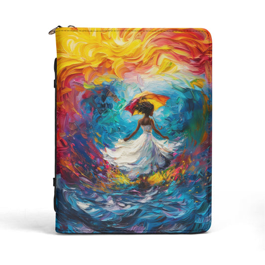 Woman in Flowing White Dress Dancing Amid Vibrant Flames and Cascading Water Print PU Leather Book or Bible Cover With Pocket - 4 Sizes