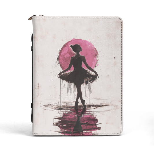 Enchanting Performance: Ballerina Dancing Amidst Pink Sunlight and Gentle Rain Print PU Leather Book or Bible Cover With Pocket - 4 Sizes