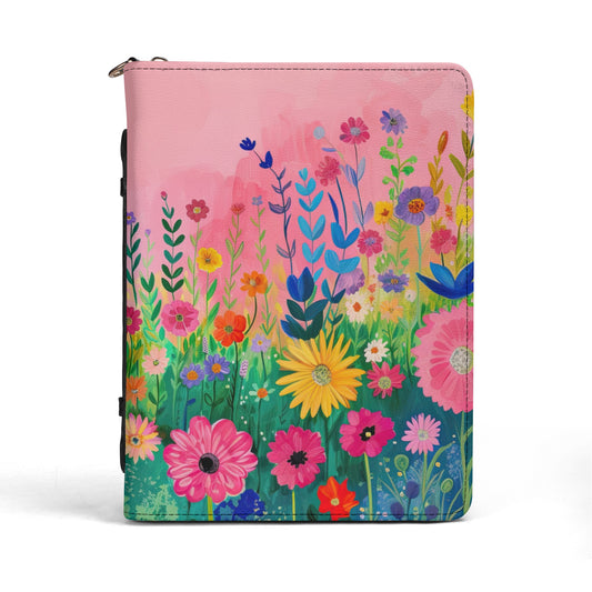 Blossoms in Bloom: Spring Wildflowers Against a Pink Background Print PU Leather Bible Cover With Pocket - 4 Sizes