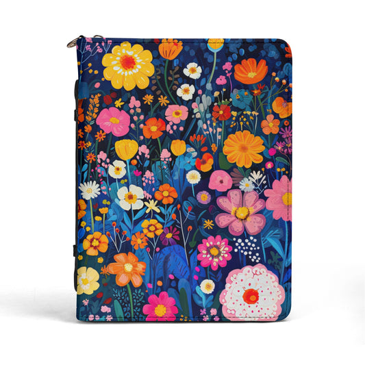 Mystical Nighttime Field of Colorful Flowers Print PU Leather Book or Bible Cover With Pocket - 4 Sizes