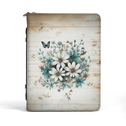 Rustic Farmhouse Daisy and Butterfly Print PU Leather Book or Bible Cover With Pocket - 4 Sizes