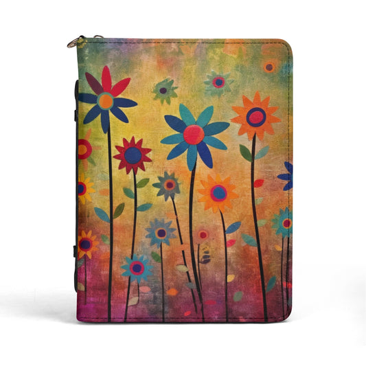 Earthy Elegance: Boho Flower Garden Print PU Leather Book or Bible Cover With Pocket - 4 Sizes