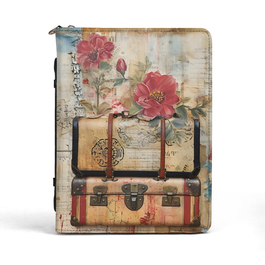 Vintage Traveler Suitcases and Flowers Print PU Leather Book or Bible Cover With Pocket - 4 Sizes