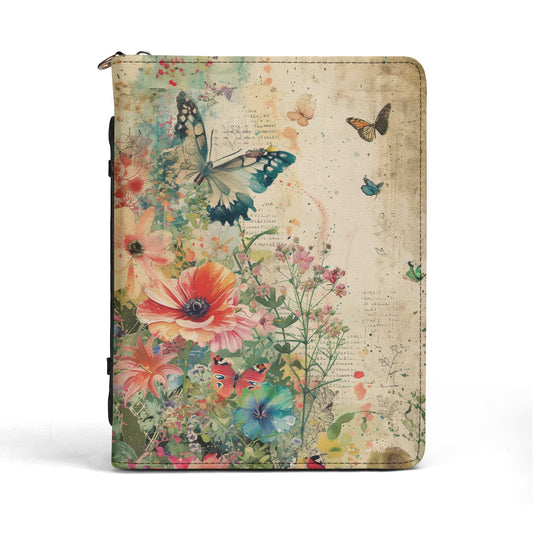 Vintage Butterflies and Flowers Print PU Leather Book or Bible Cover With Pocket - 4 Sizes