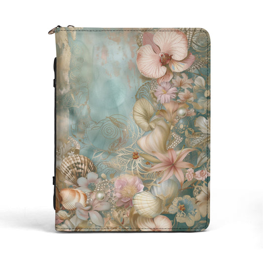 Vintage Light Blue and Pink Seashells, Pearls and Flowers Print PU Leather Book or Bible Cover With Pocket - 4 Sizes