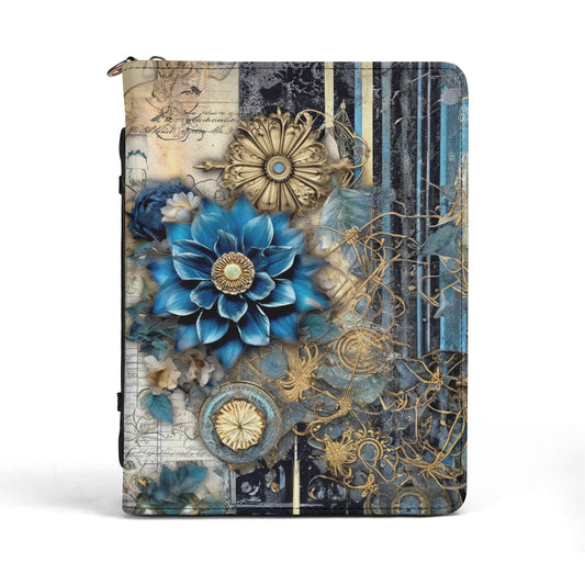 Vintage Blue and Gold Flowers Print PU Leather Book or Bible Cover With Pocket - 4 Sizes