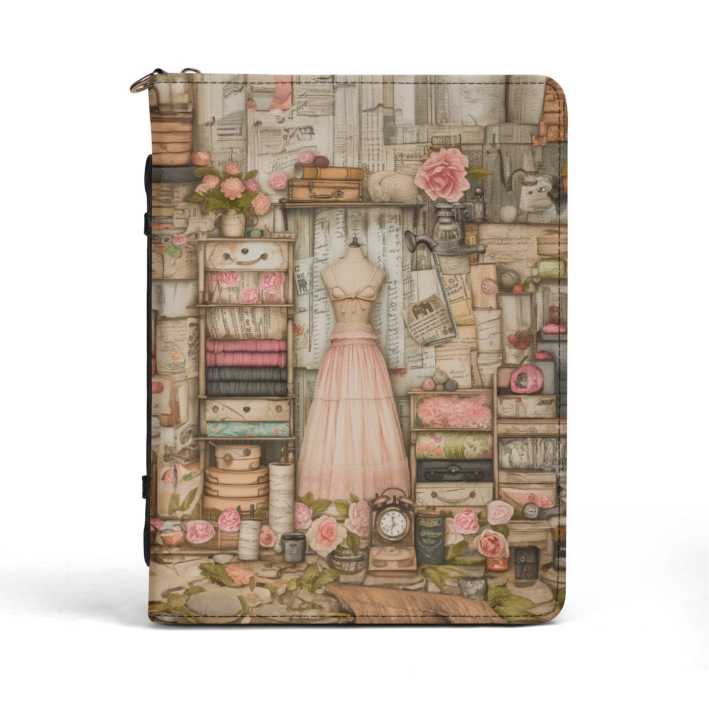 Vintage Artistry of Victorian Seamstress and Flowers Print PU Leather Book or Bible Cover With Pocket - 4 Sizes