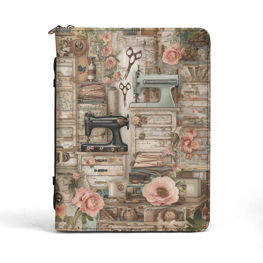 Vintage Artistry of Victorian Seamstress Sewing Machines and Flowers Print PU Leather Book or Bible Cover With Pocket - 4 Sizes