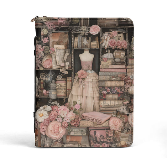 Vintage Victorian Couture Seamstress Shop adorned with Dresses and Floral Splendor Print PU Leather Book or Bible Cover With Pocket - 4 Sizes