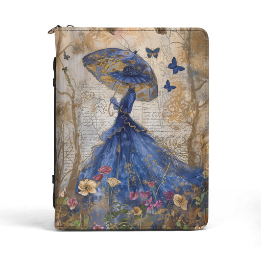 Victorian Splendor of a Women in Blue Hats & Dresses, Graced by Blue Butterflies in a Vintage Flower Garden PU Leather Book or Bible Cover  - 4 Sizes