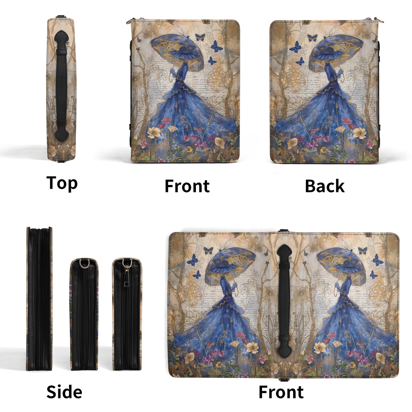 Victorian Splendor of a Women in Blue Hats & Dresses, Graced by Blue Butterflies in a Vintage Flower Garden PU Leather Book or Bible Cover  - 4 Sizes