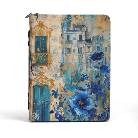 Victorian Cityscape Bathed in Faded Blue Floral Accents Print PU Leather Book or Bible Cover With Pocket - 4 Sizes