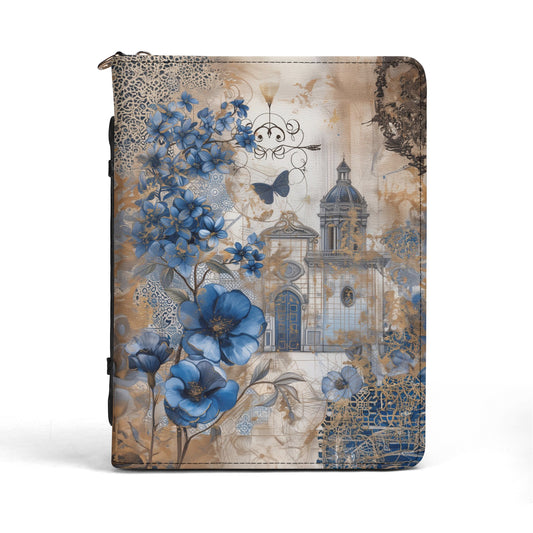 Victorian Castle Surrounded by Faded Blue Floral Gardens, with Butterflies Gracefully Dancing AmidstPrint PU Leather Book or Bible Cover With Pocket - 4 Sizes