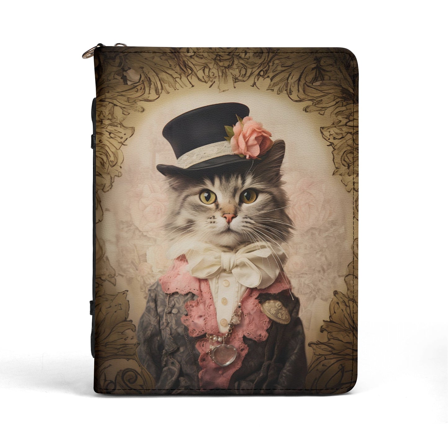 Whimsical Steampunk Feline: Victorian Top Hat and Bow Tie Adorned Cat, Dressed in Pink Lace Print PU Leather Book or Bible Cover With Pocket - 4 Sizes