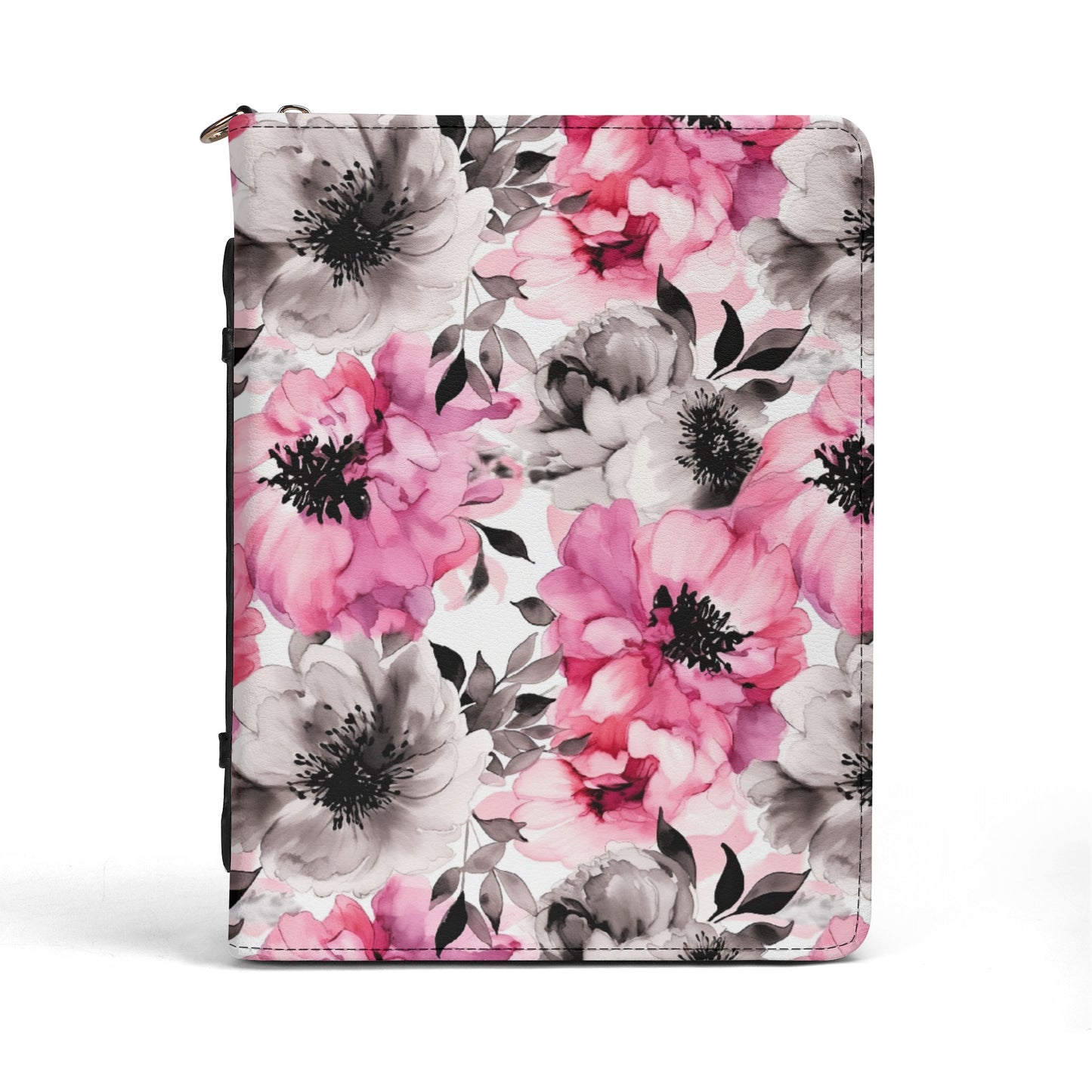 Graceful Elegance: Large Pink and Grey Watercolor Flower Design Print PU Leather Book or Bible Cover With Pocket - 4 Sizes