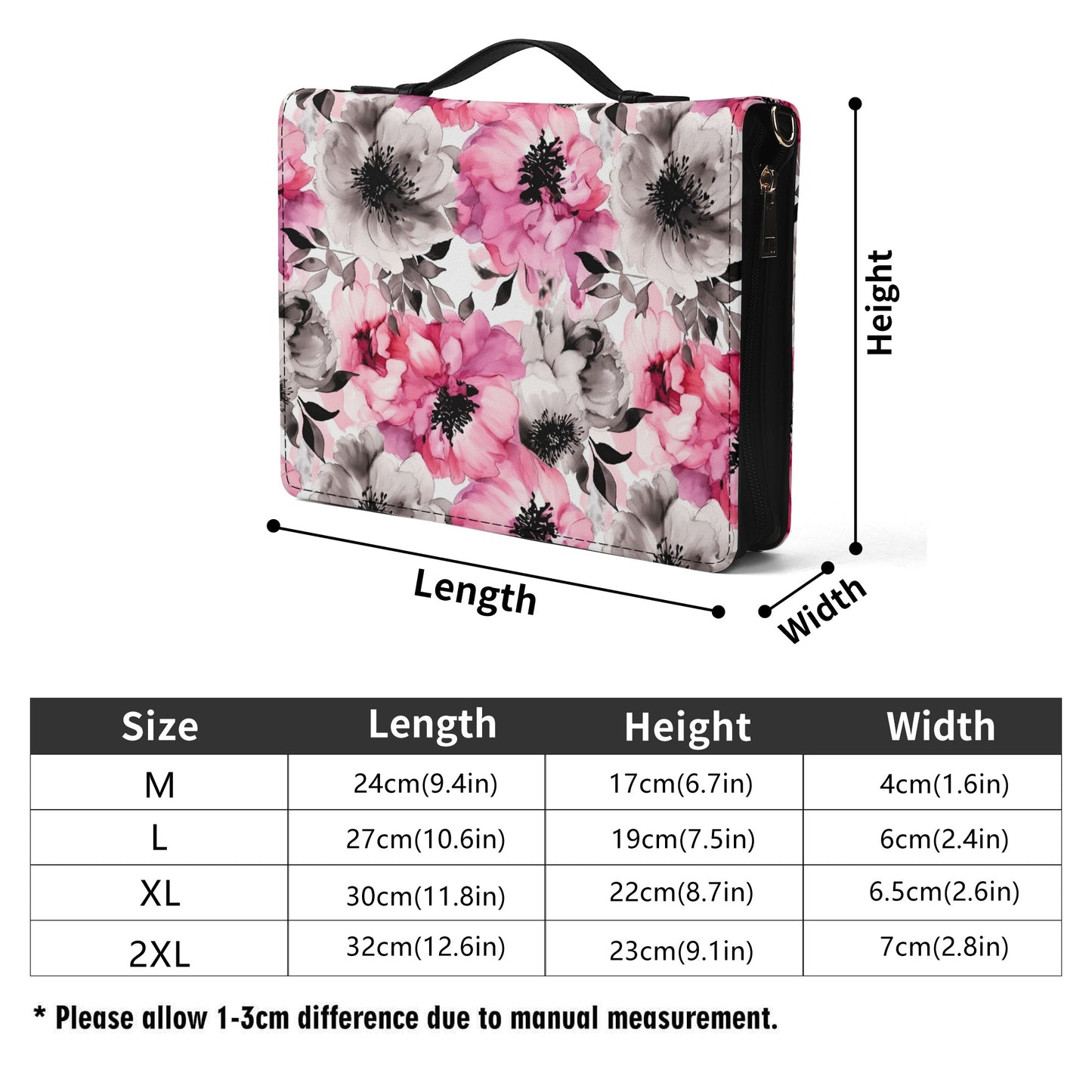 Graceful Elegance: Large Pink and Grey Watercolor Flower Design Print PU Leather Book or Bible Cover With Pocket - 4 Sizes