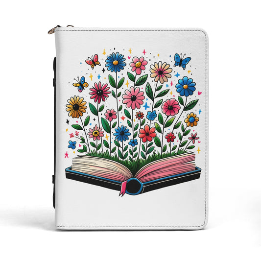 Flowers and Butterflies from Growing Open Book Print PU Leather Book or Bible Cover With Pocket - 4 Sizes