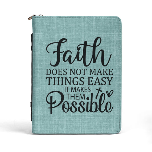 Faith Does Not Make Things Easy It Makes Them Possible Green Linen Print PU Leather Book or Bible Cover With Pocket - 4 Sizes