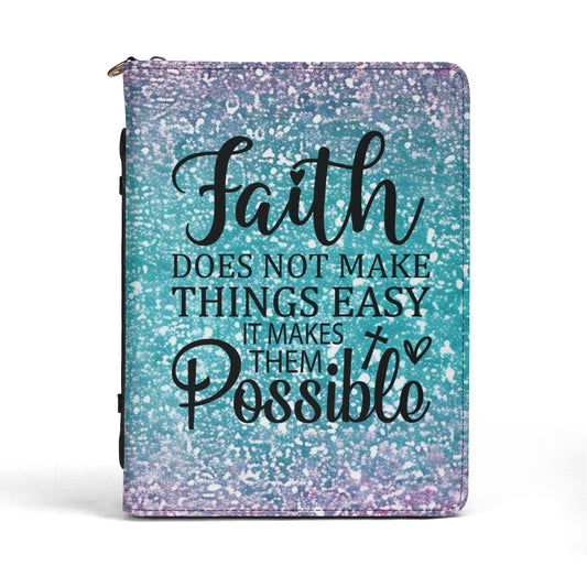 Faith Does Not Make Things Easy It Makes Them Possible on Green and Purple Sparkle Print PU Leather Book or Bible Cover With Pocket - 4 Sizes