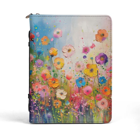 Spring Field of Vibrant Flowers Print PU Leather Book or Bible Cover With Pocket - 4 Sizes